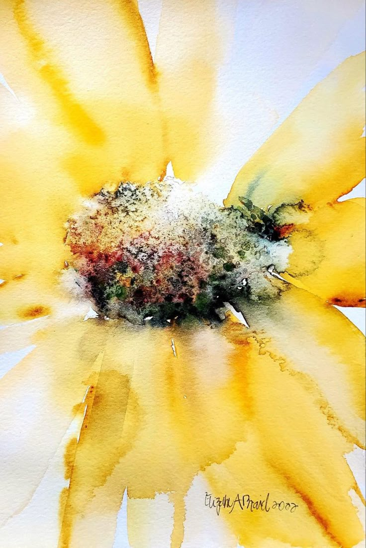 a painting of a yellow flower with watercolors on the petals and in the center