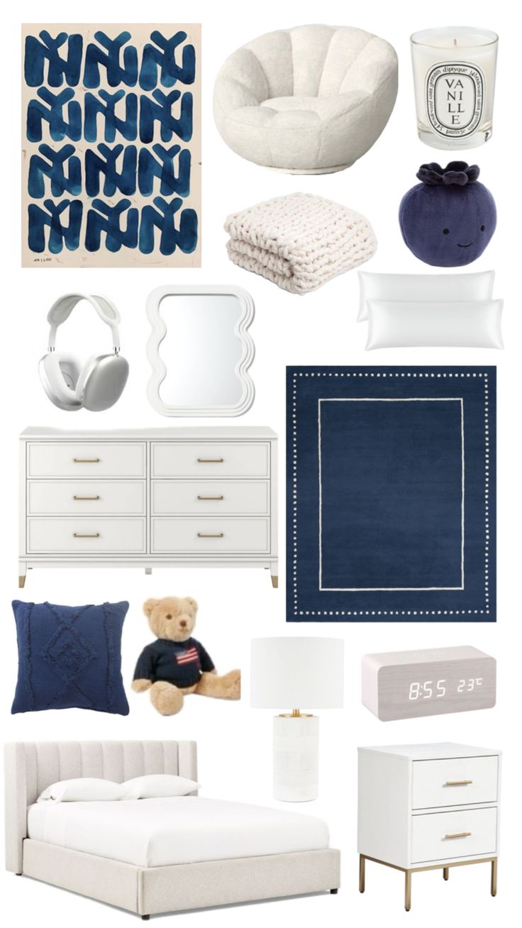 a bedroom with white furniture and blue accents on the walls, including a teddy bear