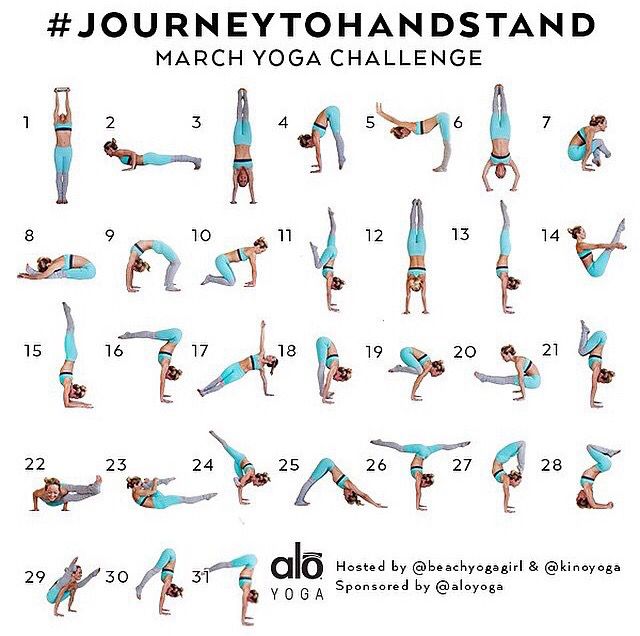 a woman doing yoga poses with the words'journey handstand march yoga challenge '