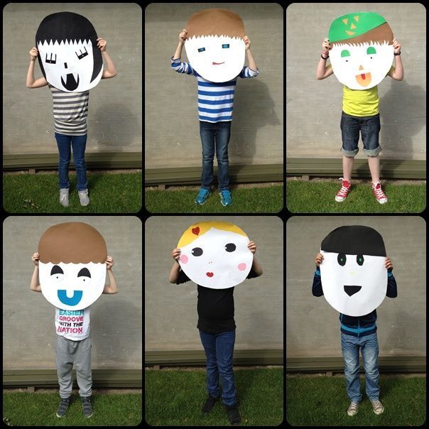 several pictures of children holding up paper faces