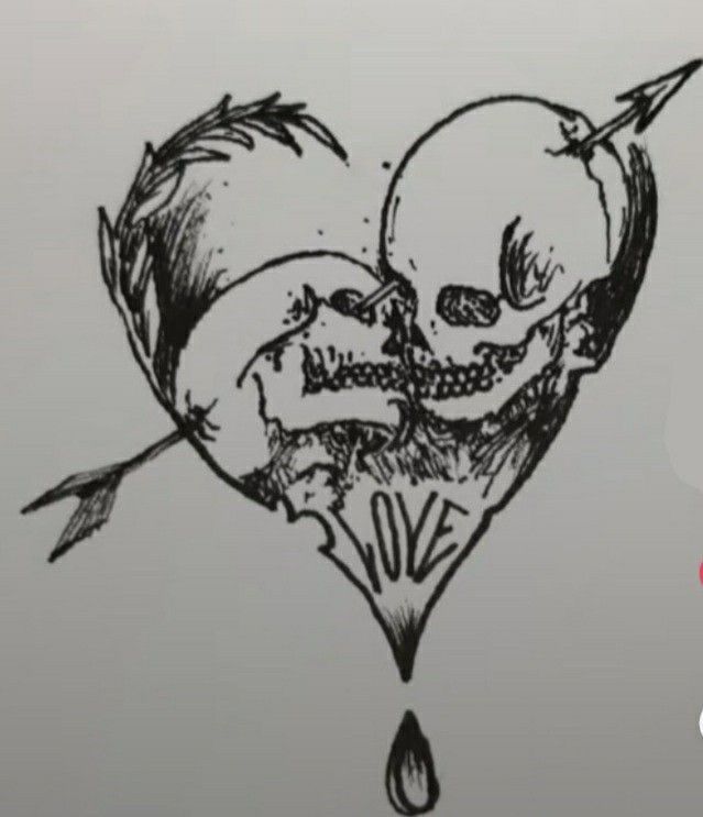 a drawing of a heart with two skulls on it