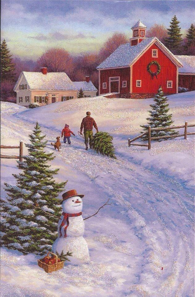 a painting of a snowman in front of a red barn with trees and people