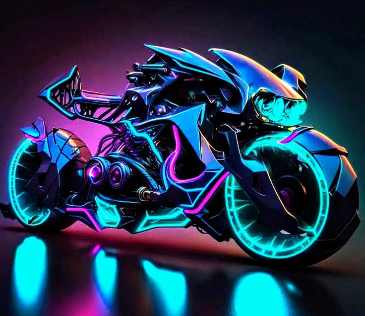 a futuristic motorcycle with neon lights on it's side and the front wheel visible