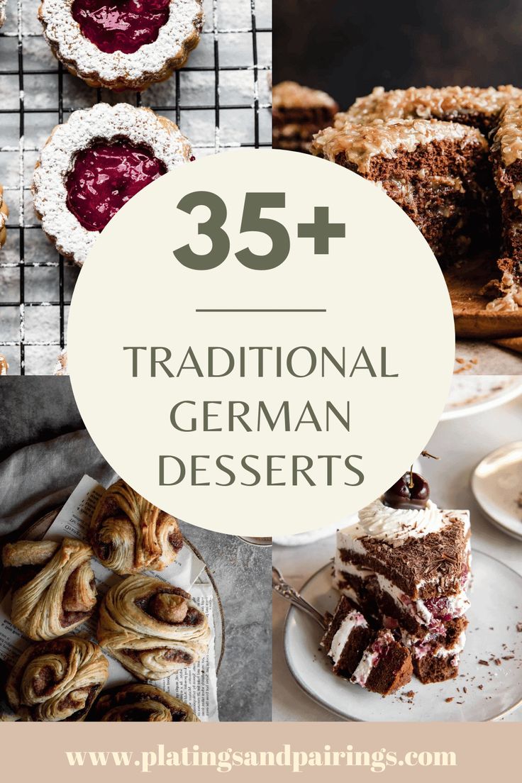 the words 35 traditional german desserts are overlaid by pictures of cakes and pastries