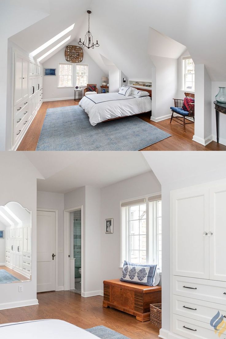 there are two pictures of a bedroom with white walls and blue carpeting on the floor