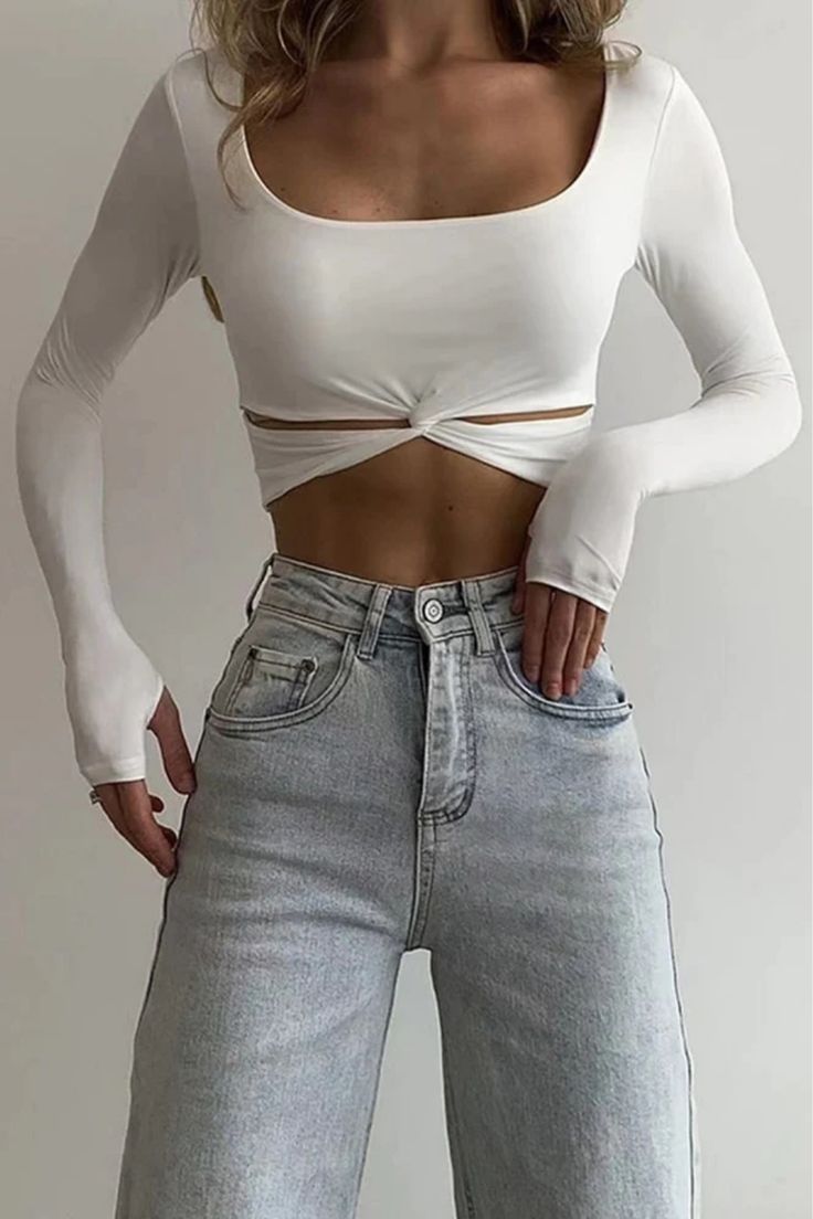 Y2k Inspired Outfit, Cutout Crop Top, Slim Fit Crop Top, Fits Clothes, Slim Fit Top, Neck Crop Top, White Crop, Long Sleeve Crop, White Crop Top