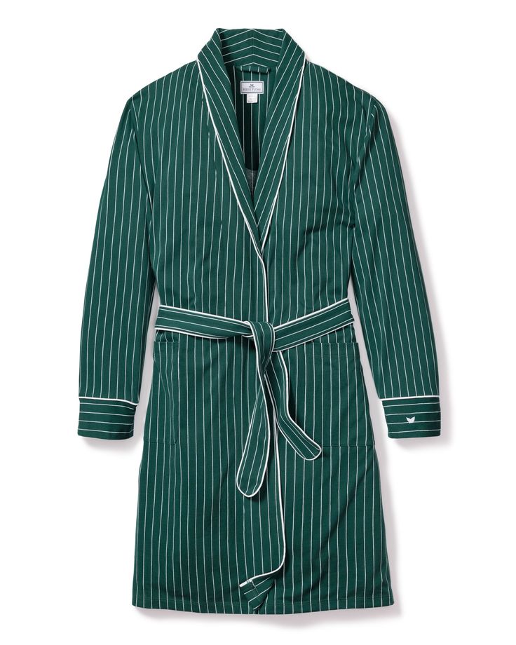 Petite Plume wishes you a “bonne nuit,” and in their luxury sleepwear, it’s hard not to oblige. Crafted in exquisite cotton, with the finest attention to detail, Petite Plume delivers the utmost comfort and sophistication. Crafted from the finest quality yarn-dyed pima cotton, the Luxe Pima Cotton Green Stripe Robe boasts an attractive print, a gorgeous drape, and a smooth, breathable material that makes this robe as soft as it is stylish. Product Details 100% cotton. Care Instructions Machine w Elegant Cotton Relaxed Fit Sleepwear, Elegant Cotton Sleepwear For Spring, Elegant Green Sleepwear For Night, Elegant Green Night Sleepwear, Elegant Cotton Sleepwear For Home, Elegant Green Sleepwear, Elegant Long Sleeve Cotton Sleepwear, Green Cotton Sleepwear For Overnight, Luxury Long Sleeve Robe For Loungewear