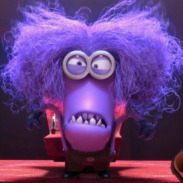 an animated character with purple hair and big eyes, standing in front of a red table