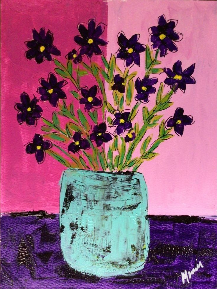 a painting of purple flowers in a blue vase