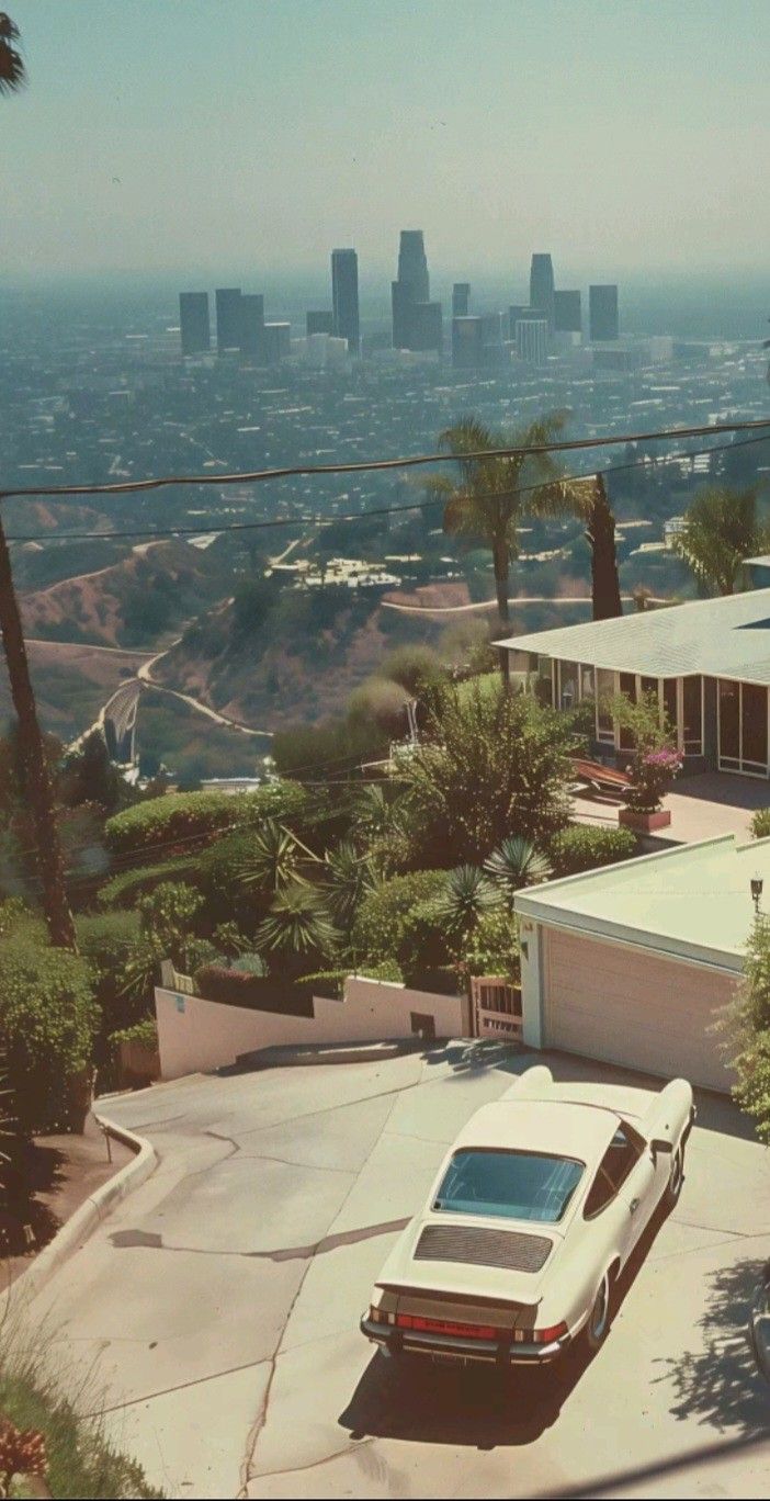 a car is parked in front of a house with palm trees and the city behind it