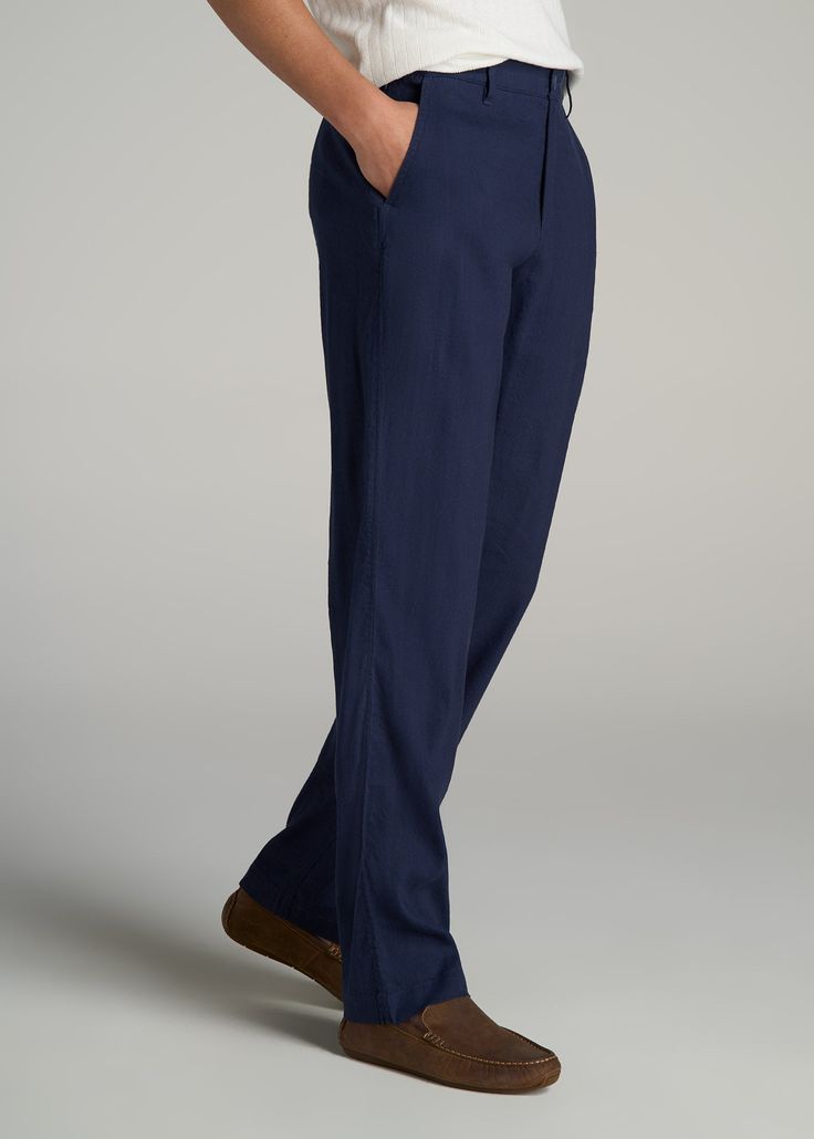 Feel Effortlessly Cool in Our Linen Men's Tall Pants Stay Comfortable in Style Our Garment Dyed Linen Casual Pants are a testament to effortless style and comfort for the taller man. Made from a breathable linen blend, these slacks for tall men offer a relaxed fit and a stretch waistband for all-day ease. The straight-leg cut and mid-rise design enhance your tall stature, while the garment dye adds a rich, unique color that elevates any outfit. Whether you're heading to the office or out for the Classic Indigo Wide Leg Bottoms, Classic Washed Blue Straight Leg Pants, Classic Indigo Tapered Leg Bottoms, Classic Straight Leg Washed Blue Pants, Classic Indigo Relaxed Fit Bottoms, Classic Straight Fit Blue Bottoms, Classic Blue Straight Fit Bottoms, Blue Straight Fit Pants With Tapered Leg, Navy Relaxed Fit Bottoms For Business Casual