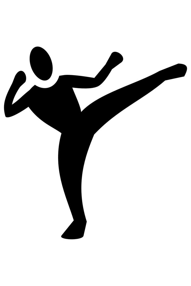 a black and white silhouette of a person doing a kickbox pose with one leg in the air