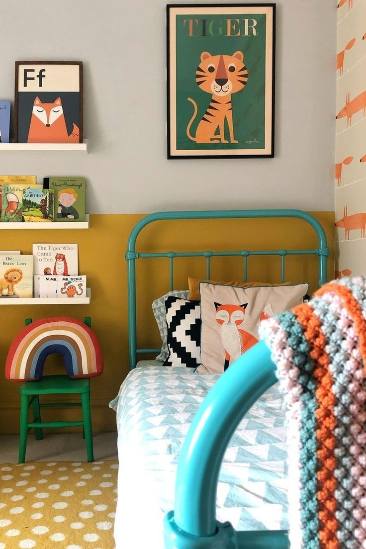 a child's bedroom decorated in bright colors