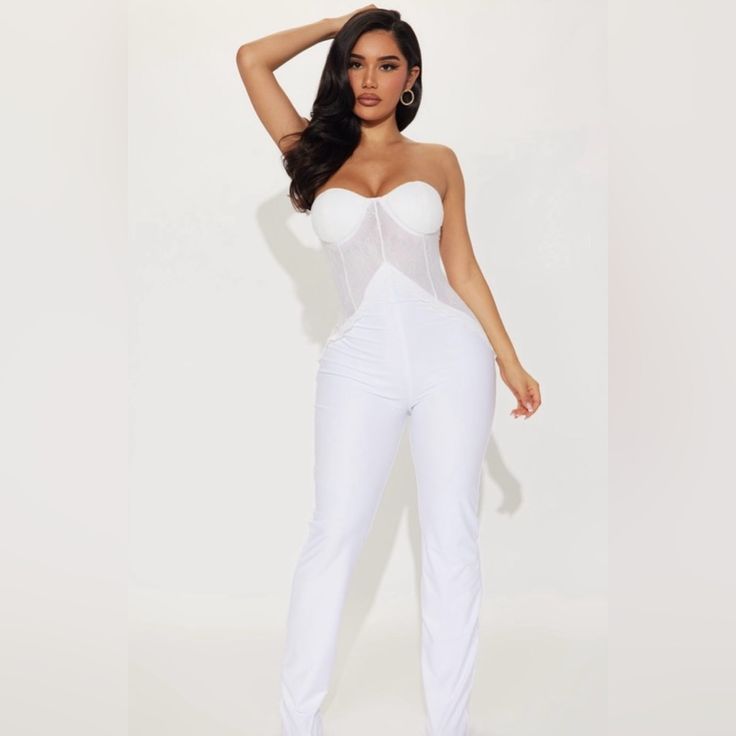 Finer Things - Jumpsuit White Size: Small White Sleeveless Pantsuit For Night Out, White High Waist Bodysuit For Night Out, White High-waist Bodysuit For Night Out, Chic High Waist White Bodysuit, Chic White High Waist Bodysuit, White High-waisted Strapless Jumpsuit For Night Out, White High Waist Fitted Strapless Jumpsuit, Fitted White Pantsuit For Night Out, White Fitted Pantsuit For Night Out