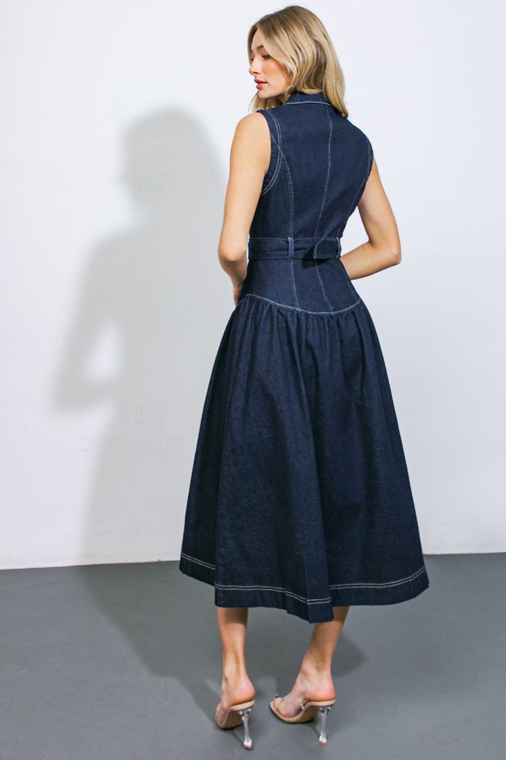 Conservative Dress, Waist Tie Dress, Long Denim Dress, Casual Denim Dress, Denim Midi Dress, Drop Waist Dress, Flying Tomato, Dark Indigo, Drop Waist