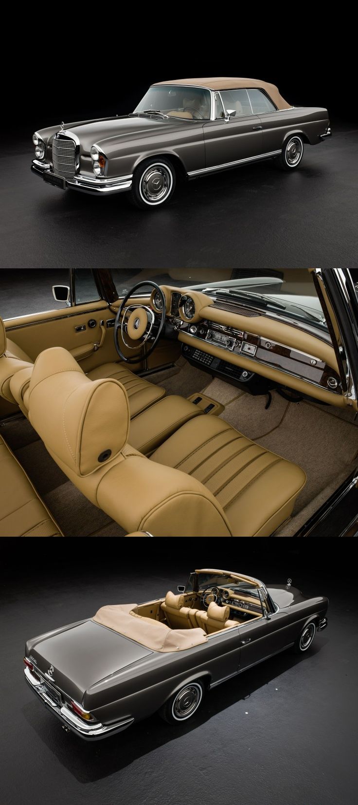 the interior and dashboard of an old fashioned car in three different views, one showing the driver's seat