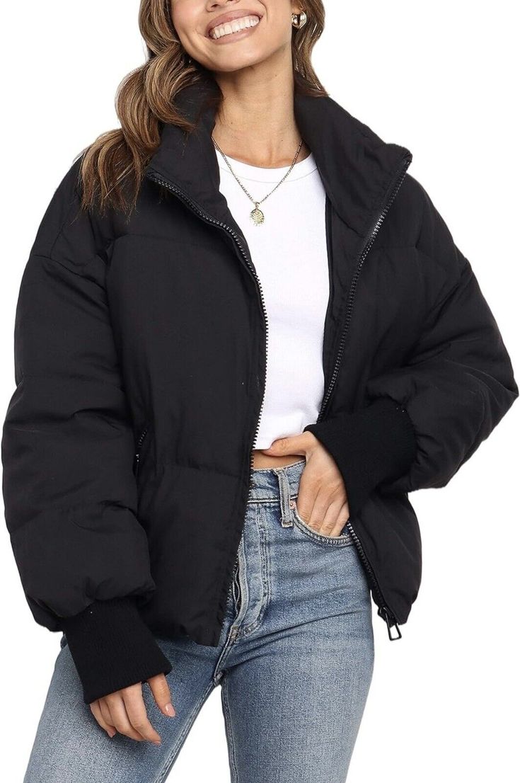 LianLive Womens Cropped Puffer Jacket Oversized Black Short Puffy Winter Coat. Condition is New with tags. Shipped with USPS Priority Mail. Stylish Winter Boots, Women's Winter Fashion, Bulky Sweaters, Winter Fashion Trends, Cropped Puffer Jacket, Woven Jacket, Black Puffer Jacket, Puffy Jacket, Cotton Coat