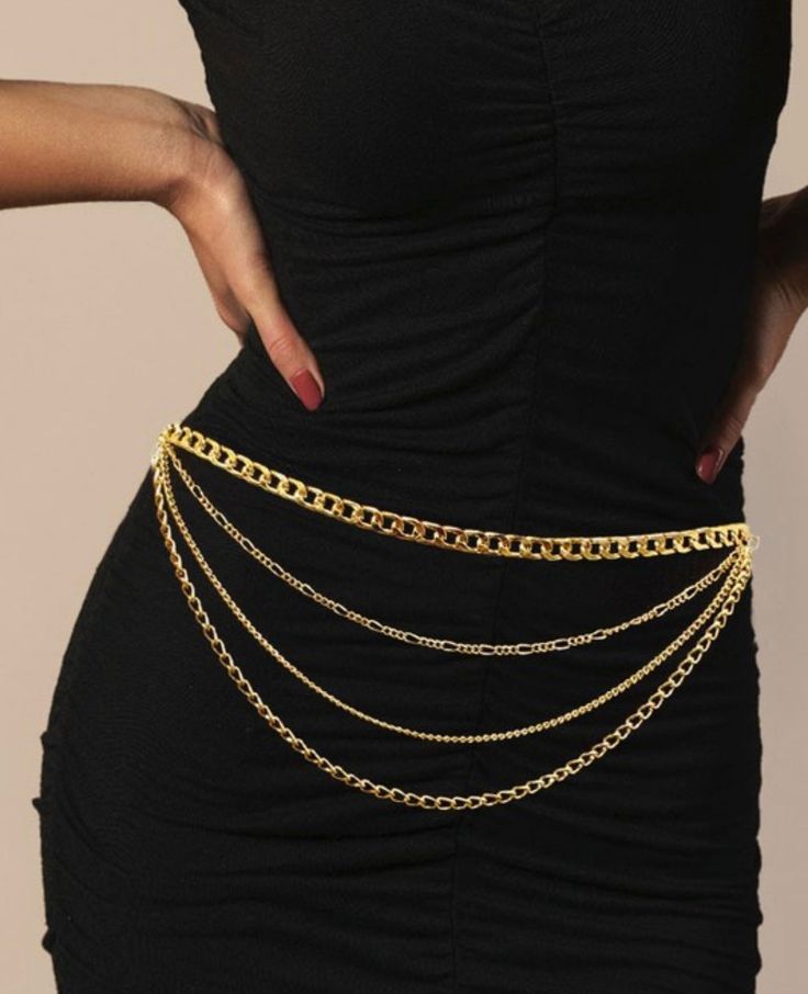 6” h 45” l Elegant Gold Chain Link Body Chain, Gold Double Chain Belt For Party, Elegant Gold Chain Belt With Double Chain, Chic Gold Chain Belt With Double Chain, Chic Gold Double Chain Belt, Elegant Gold Double Chain Belt, Chic Gold Chain Jewelry For Night Out, Chic Chain Link Waist Chain With Strap, Elegant Gold Chain Necklace With Chain Print