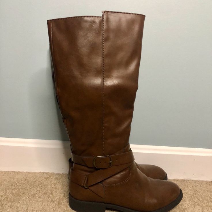 Brown Riding Boots. Never Worn. Few Scuffs On Inside Toes. Casual Wide Calf Moto Ankle Boots, Casual Wide Calf Moto Boots For Spring, Casual Wide Calf Faux Leather Moto Boots, Brown Winter Riding Knee-high Boots, Casual Wide Calf Mid-calf Boots In Faux Leather, Brown Wide Calf Knee-high Boots For Riding, Casual Knee-high Moto Boots With Buckle Closure, Casual Knee-high Moto Boots With Buckle, Casual Knee-high Boots With Buckle Closure