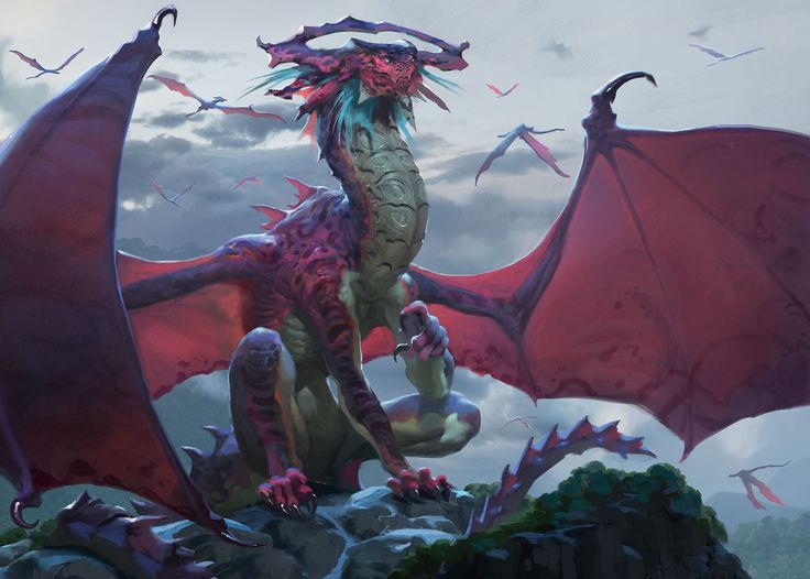 a large red dragon sitting on top of a lush green field next to a mountain