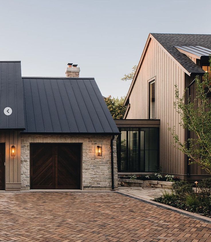 two side by side photos of a house with brick driveway