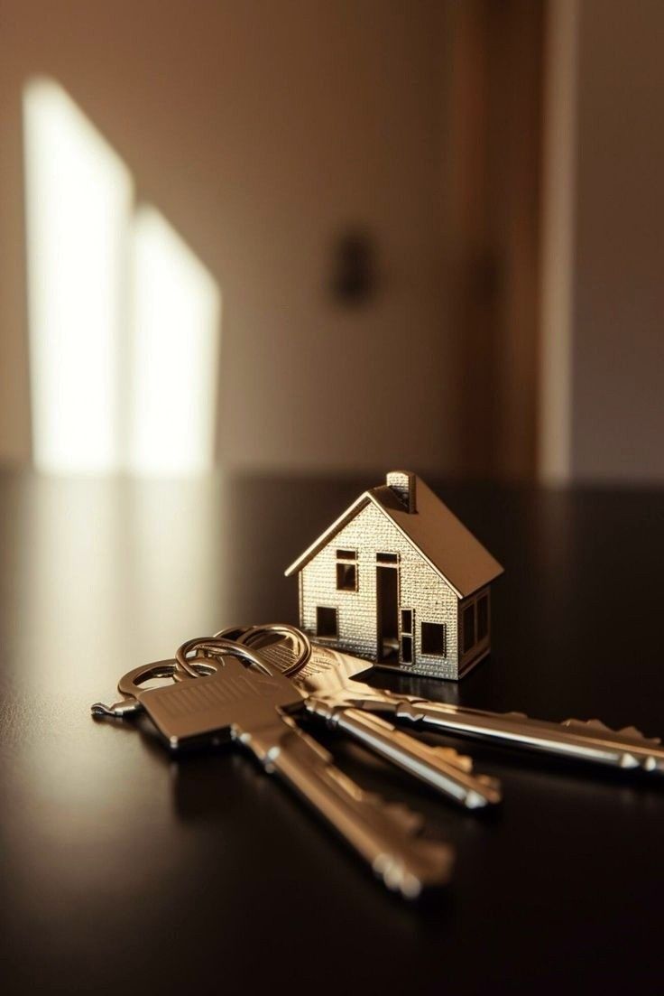 a house keychain sitting on top of a table next to keys