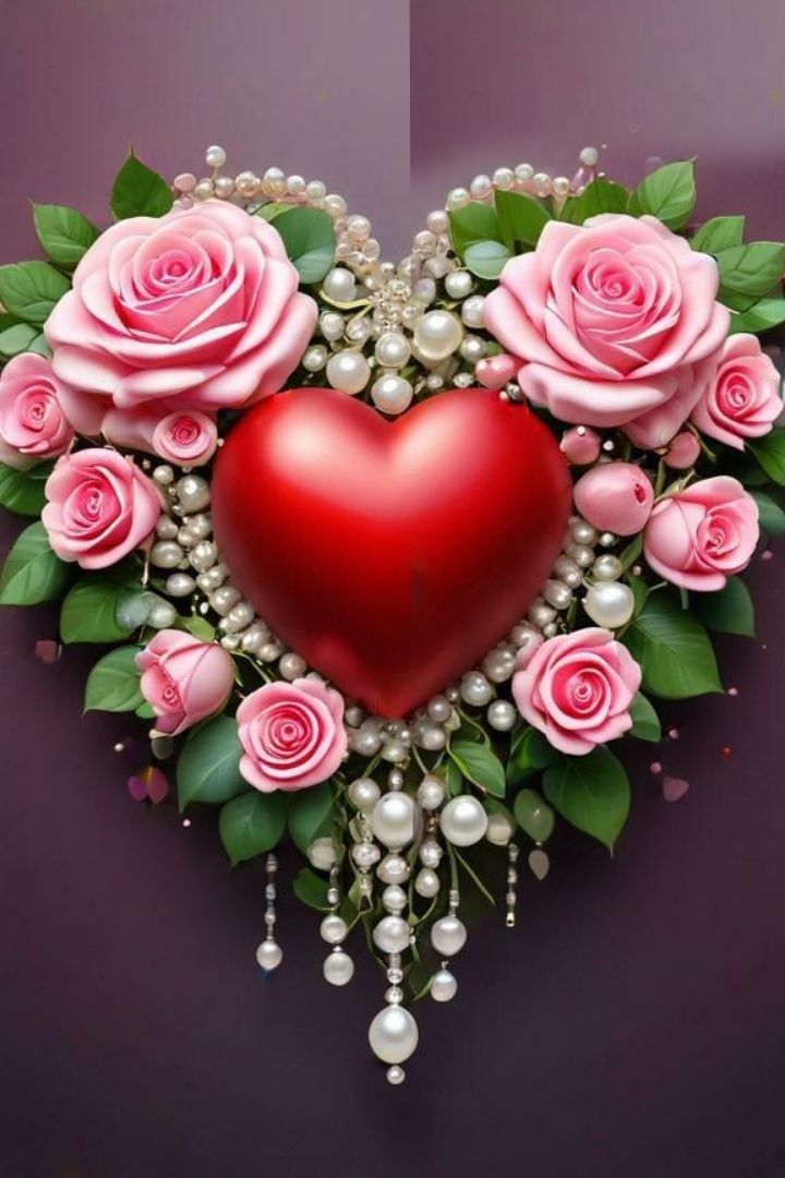 a red heart surrounded by pink roses and pearls