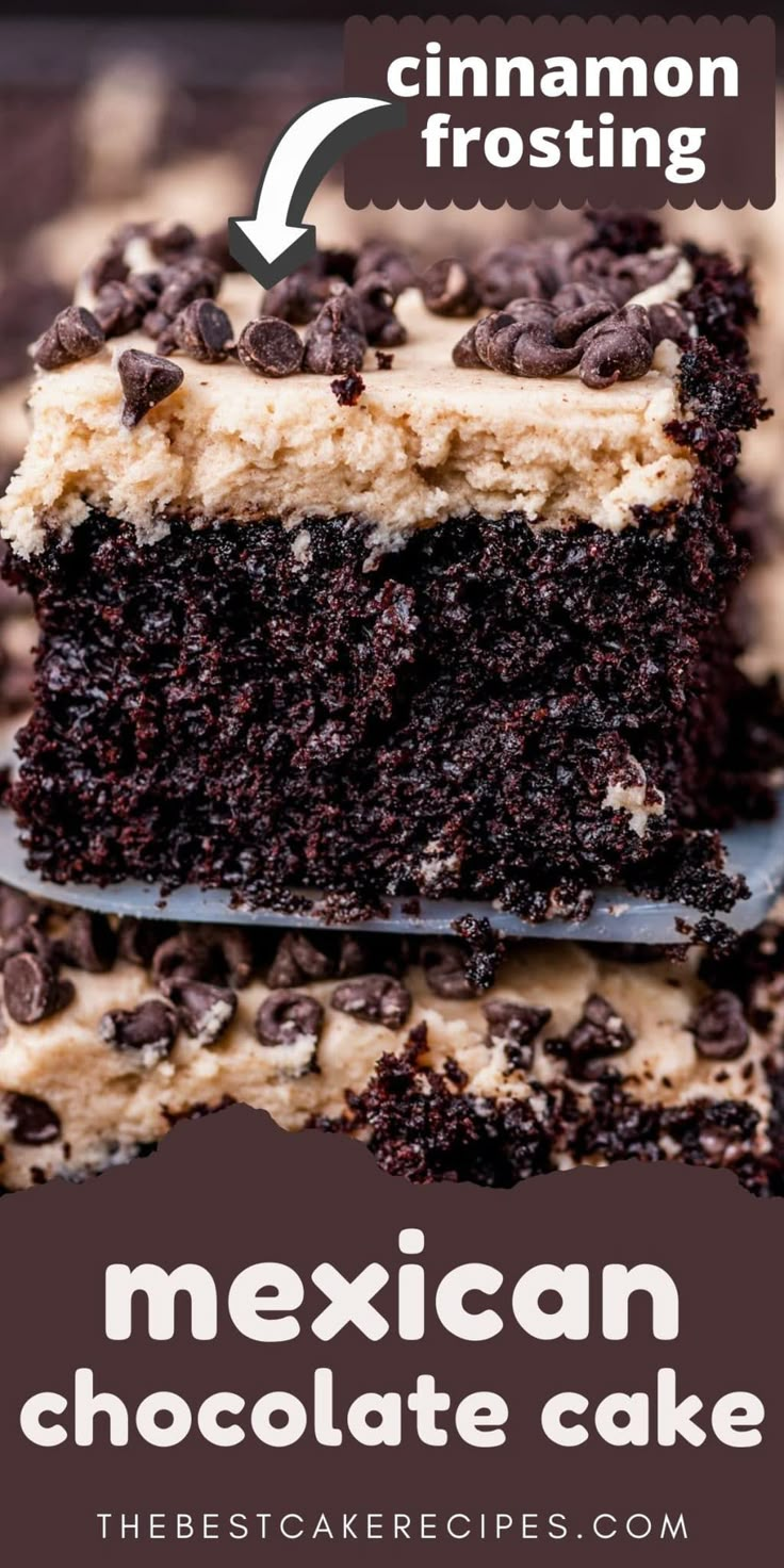 a close up of a piece of cake on a plate with the words mexican chocolate cake above it