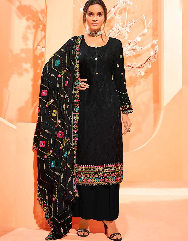 Black Georgette Palazzo Salwar Suits Black Kashmiri Sequence Work:Arabic Attire #salwardesign2022 #fashiondesignersuits #latestchuridarsdesigns #imagesofsalwarkameez #sareesalwarkameez #bestladiessuit #beautisuits #fashiondesignsuit #onlinesuitdesign #latestchuridardesign #salwardesigns2020 #onlineindiansuitsindia #designsuitonline #salwaarkameezstyles #designerindiansuitsonline #latestsuitdesignsforladies #suitdesignonline Black Semi-stitched Palazzo Set With Mirror Work, Black Bollywood Style Palazzo Set For Party, Black Bollywood Palazzo Set For Party, Party Semi-stitched Black Sharara, Fitted Lawn Suit With Mirror Work And Long Sleeves, Fitted Long Sleeve Lawn Suit With Mirror Work, Black Palazzo Set With Zari Work For Party, Black Semi-stitched Sets For Eid, Black Palazzo Set For Diwali Party