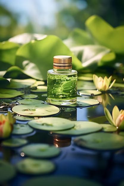 there is a small bottle that is on the water with lily pads in front of it