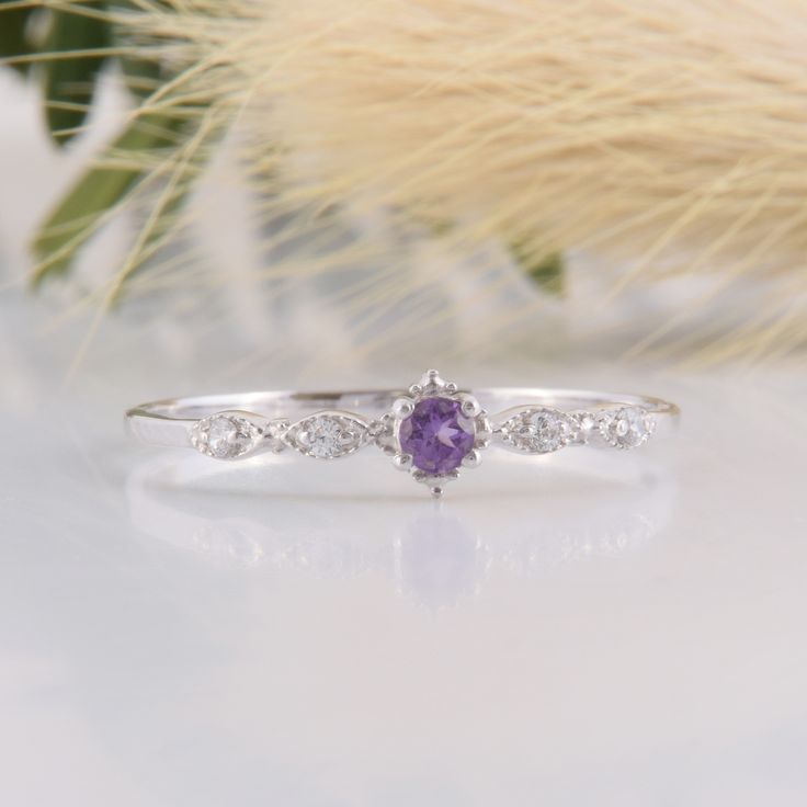 14k solid white gold dainty & small purple amethyst promise ring for her,Delicate minimalist vintage style art deco amethyst engagement ring WE OFFER UNLIMITED PERIOD INSTALLMENTS PLAN This is a beautiful, stunning, feminine ring that works well for all occasions, styles, and ages. You will love it! Ring information: Main stone: Amethyst Approximate size: 2.5mm Accent stones: White cubic zirconia Approximate size: 1.25mm (4 stones) Metal type: Gold Metal stamp: 14k Gold Installment Payments Purple Promise Ring, Elegant Amethyst Birthstone Ring With Prong Setting, Elegant Amethyst Birthstone Ring For Promise, Elegant Amethyst Promise Ring With Accent Stones, Elegant Amethyst Birthstone Ring In Cubic Zirconia, Elegant Amethyst And Cubic Zirconia Promise Ring, Elegant Amethyst Cubic Zirconia Birthstone Ring, Elegant Amethyst Promise Ring, Elegant Lavender Amethyst Ring In 14k Gold