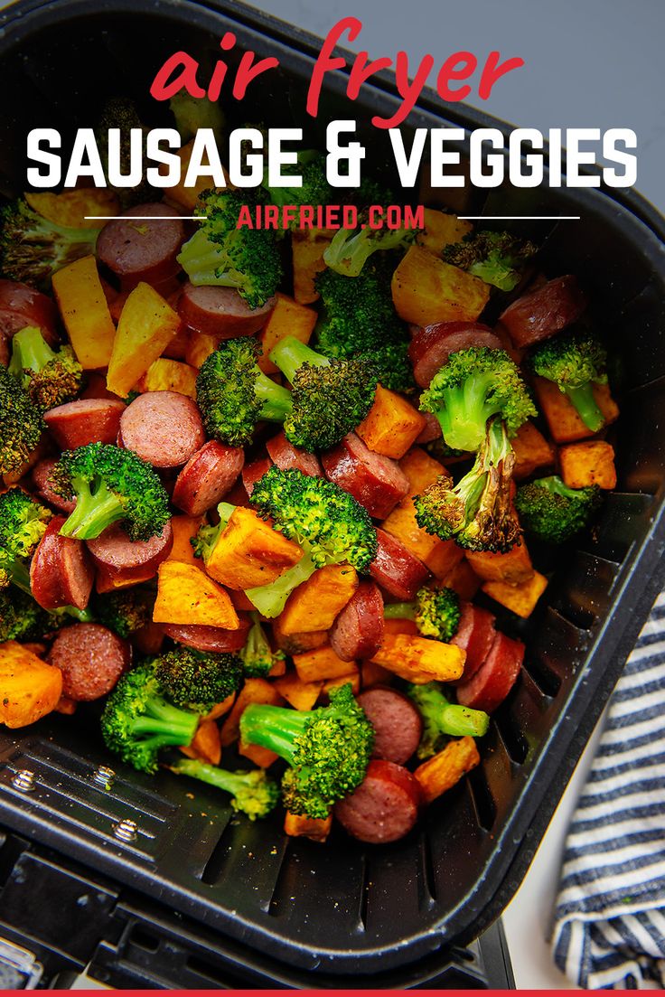 air fryer sausage and veggies in an air fryer with text overlay