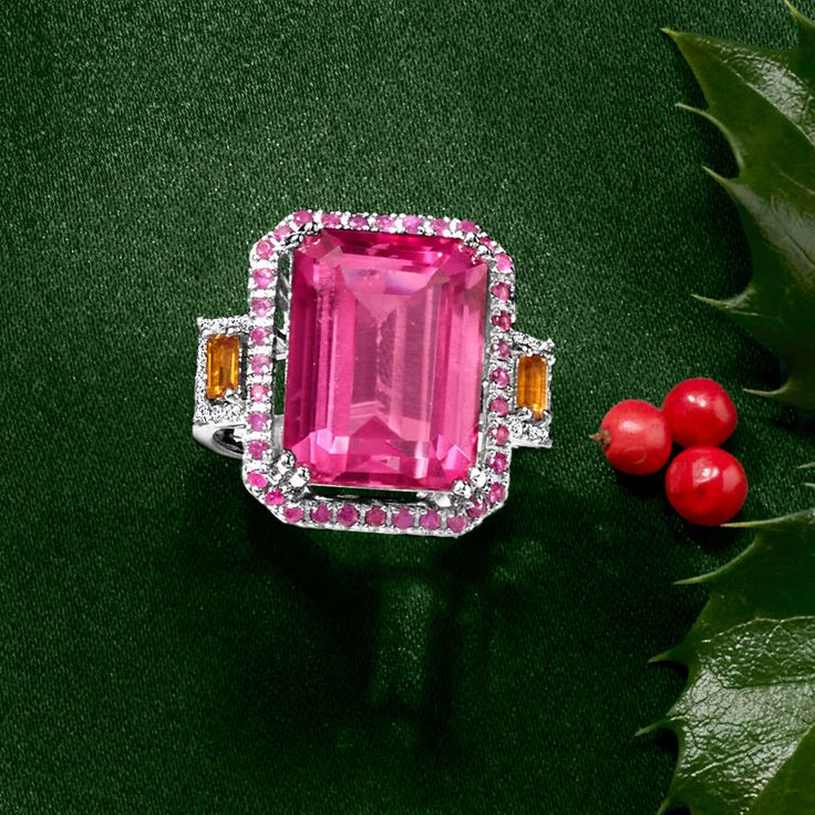 Ross-Simons - 14.00ct Pink Topaz, .80ct t. w. Multi-Gemstone Ring in Silver. Size 10. Our vibrant ring exudes love and romance. A 14.00 carat emerald-cut pink topaz is framed by .50 ct. t. w. pink sapphires and sided by two .20 ct. t. w. Madeira citrine baguettes with .10 ct. t. w. white zircons. Wear it on your next date night. Crafted in polished sterling silver. 3/4" wide. Multi-gemstone ring. Pink Diamond Gemstones With Accents, Pink Diamond Ring With Gemstone Accents For Gift, Dazzling Diamond Ring With Gemstone Accents For Gift, Dazzling Diamond Ring With Gemstone Accents As A Gift, Formal Emerald Cut Multi-stone Topaz Ring, Dazzling Topaz Ring With Gemstone Accents As Gift, Emerald Cut Topaz Ring With Gemstone Accents, Gift, Diamond-accented Topaz Ring As A Gift, Diamond Topaz Ring With Gemstone Accents For Gift