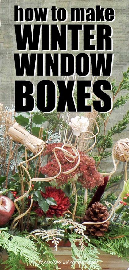 an arrangement of winter window boxes with text overlay