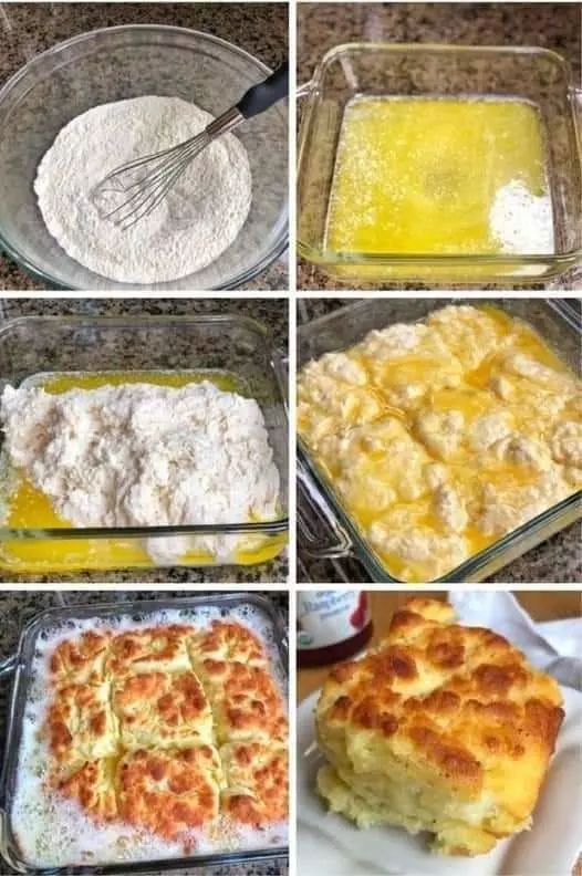 six pictures showing different stages of making baked goods in baking pans and mixing them together