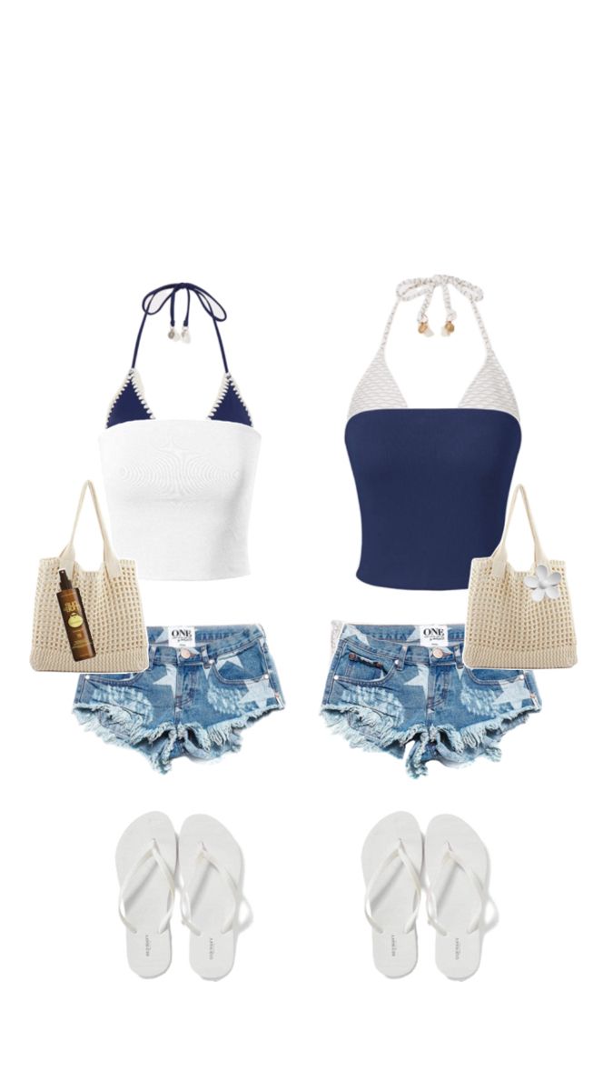 two pieces of clothing and sandals are shown in the same image, one is blue and white