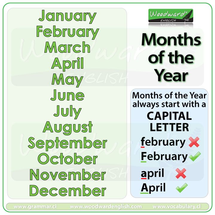 the months of the year are in green and white with black lettering on it,