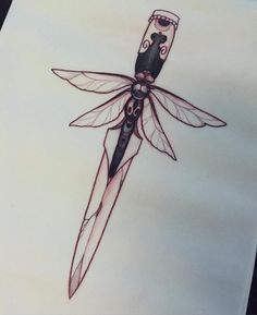 a drawing of a knife with a dragon wing on it's end and an insect attached to the blade