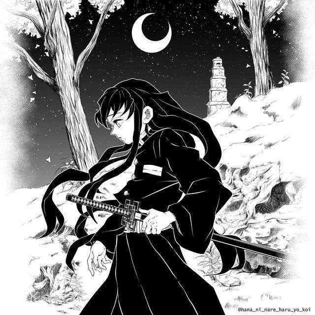 an anime character with long hair holding a guitar in front of trees and the moon