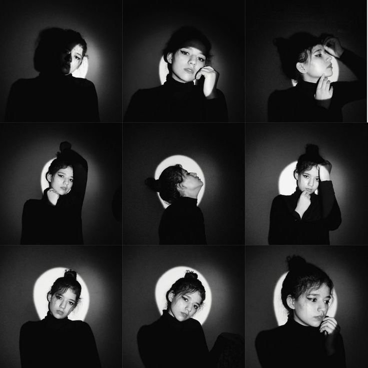 nine black and white images of a woman with her hands on her face, posing for the camera