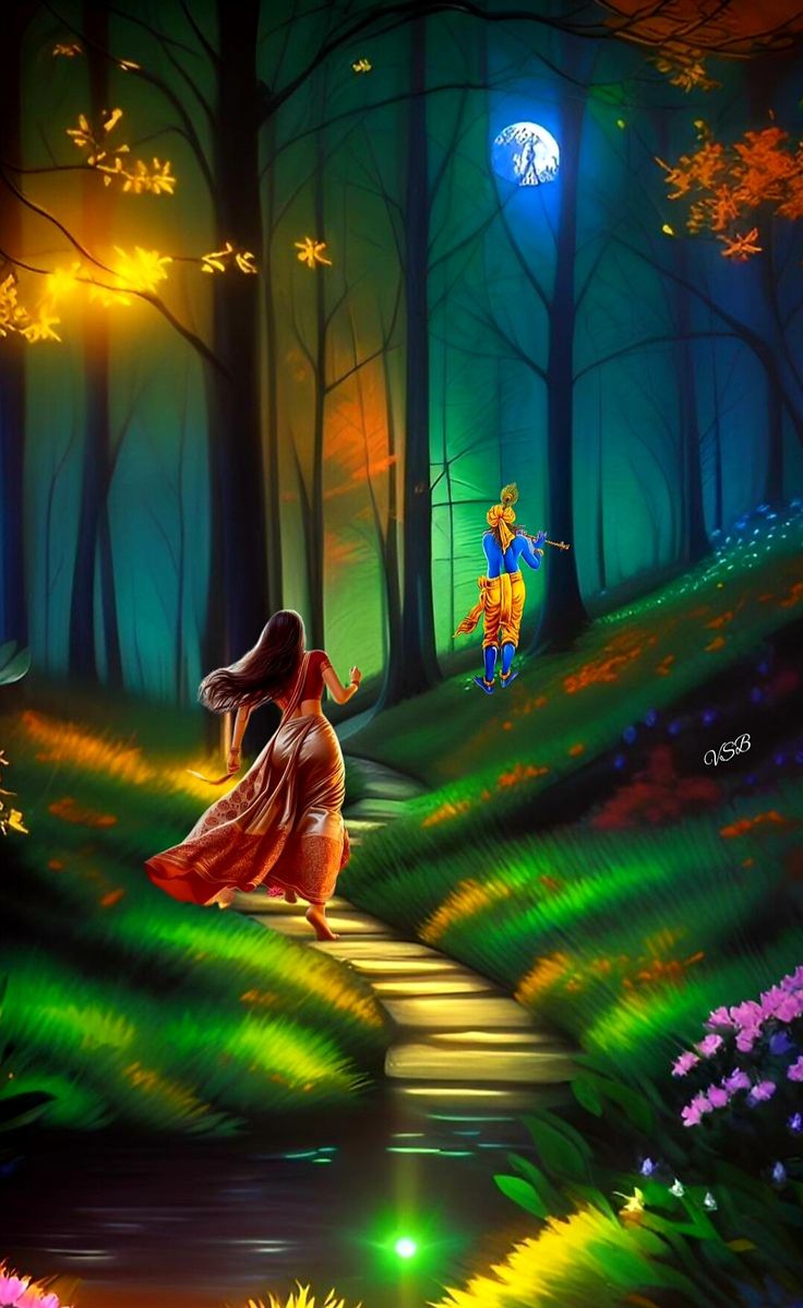 a painting of a woman walking down a path in the woods at night with colorful lights