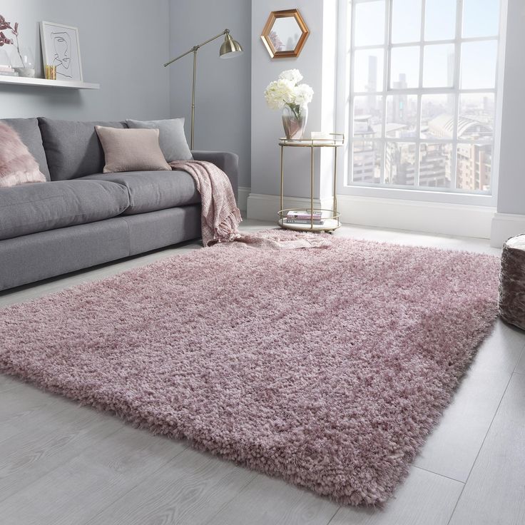 a living room with a gray couch and pink rug