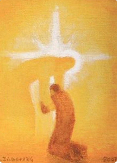 a painting of a man holding a cross in his hand with the sun behind him