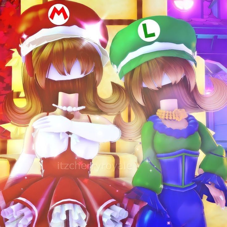 two women dressed up in mario and luigi's outfits, one wearing a green hat