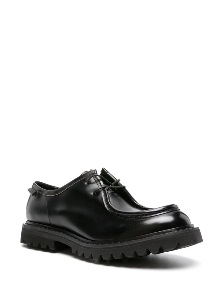 Premiata offers a contemporary take on a classic with these Derby shoes. They are crafted from polished black leather and enhanced with a chunky rubber lug sole for improved comfort and traction Logo Tag, Derby Shoes, Lug Sole, Stacked Heel, Shoes Black, Calf Leather, Black Shoes, Lace Front, Derby