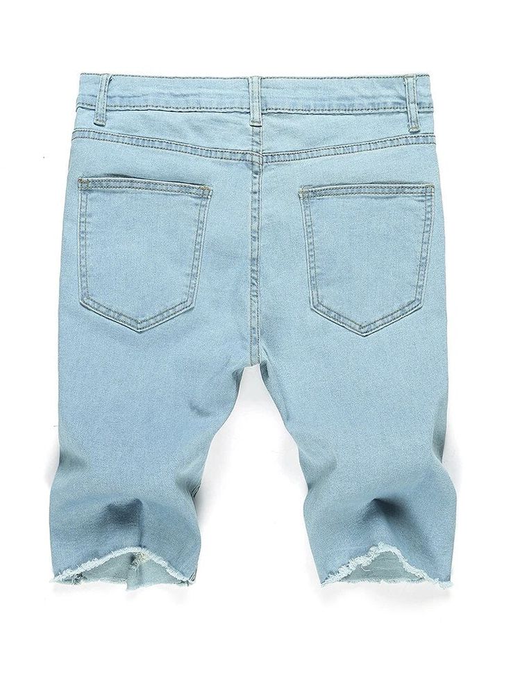 Add a stylish and comfortable touch to your wardrobe with these Men Stretch Light Blue Ripped Denim Shorts. Crafted from high-quality denim fabric, they are soft to the touch and allow for easy movement. They feature a distressed design with a washed-out look, adding dynamic style. Designed by 4COLORDRESS Ripped Shorts Men, Short Hombre, Light Blue Fashion, Mens Denim Shorts, Jeans Summer, Cut Clothes, Ripped Denim Shorts, Ripped Shorts, Skirt Trends