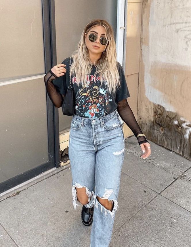 Shorts With Fishnets Outfits Grunge, Fall Edgy Outfits Street Style, Concert Outfit Graphic Tee, Vintage T Outfit, Rocker Chic Outfit Winter, Edgy Everyday Outfits, Oval Body Shape Outfits For Women, Cute Festival Outfits Casual, Winter Jam Concert Outfits