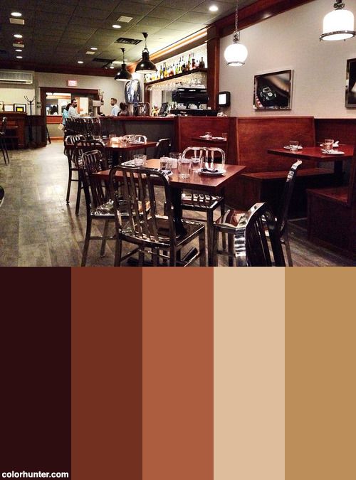 the interior of a restaurant with tables and chairs