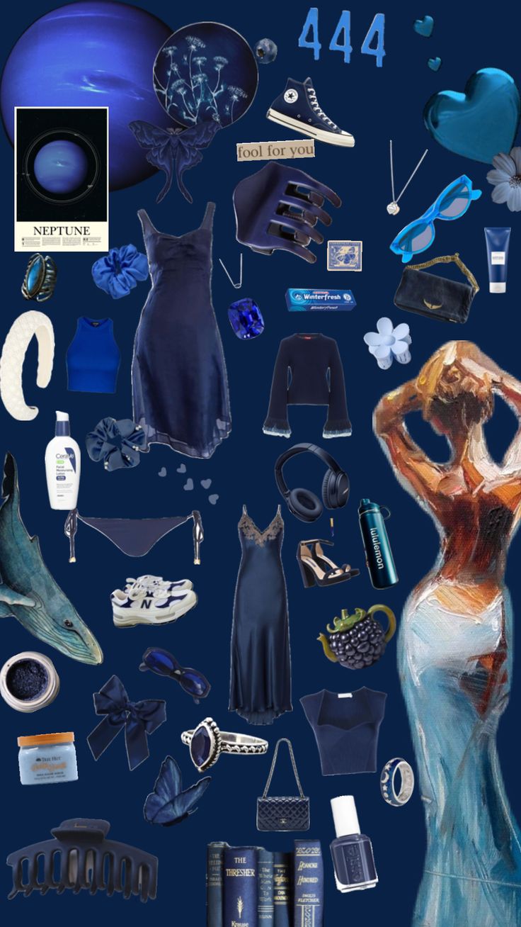 a collage of various items including shoes, clothing and other things on a blue background