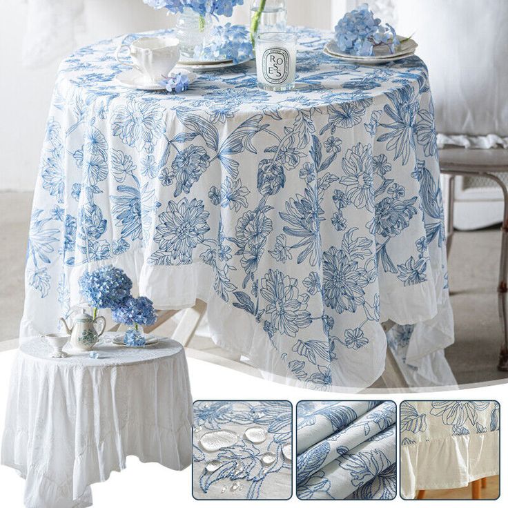 the table cloth is blue and white with flowers on it